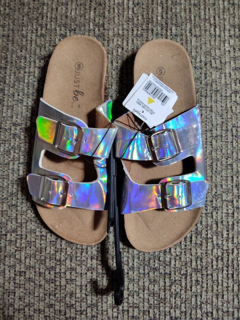 NEW WOMEN'S SIZE 6 JUST BE HOLOGRAPHIC DOUBLE STRAP SLIDE SANDALS CORK SOLES
